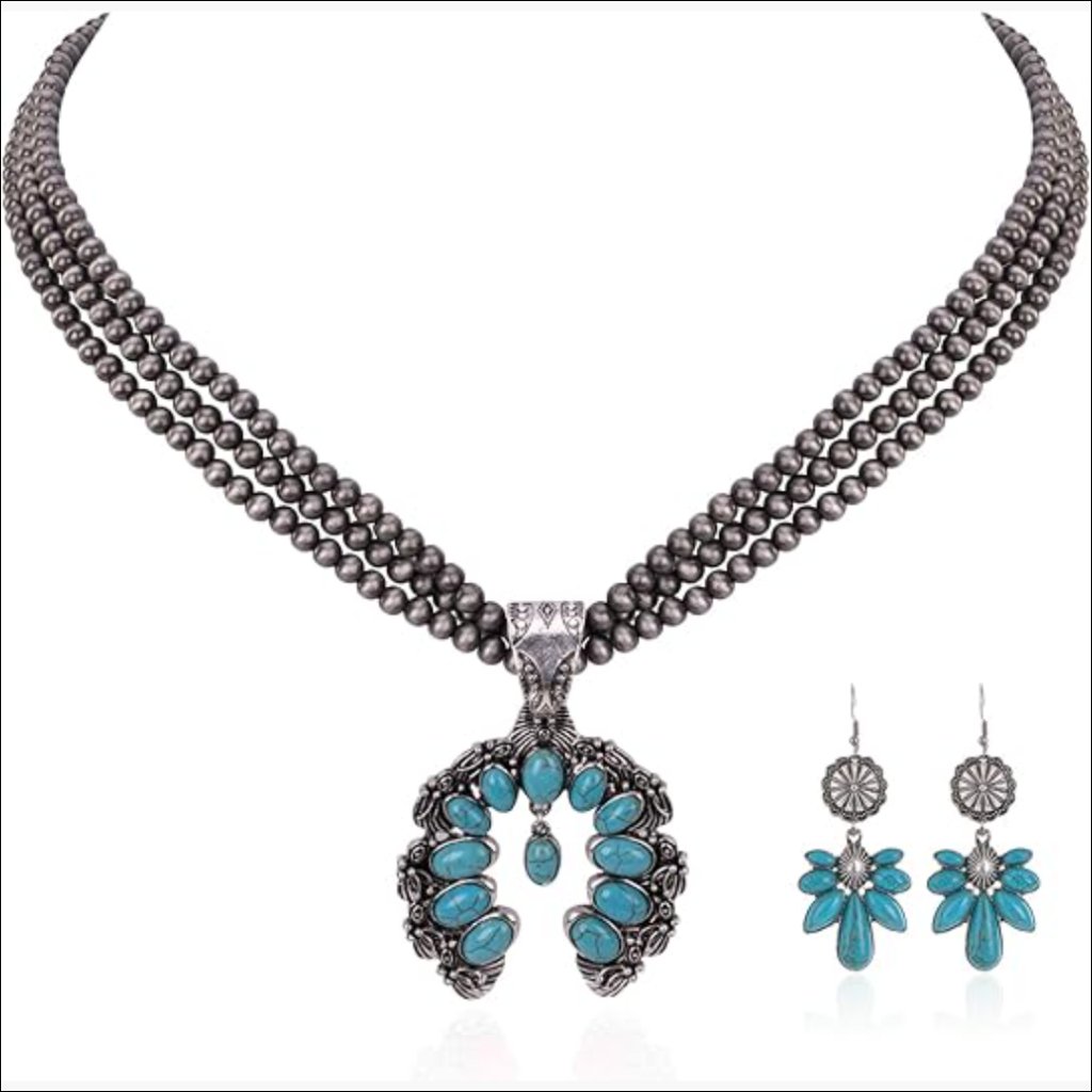 Alloy Turquoise Western Jewelry Set With Concho Style Necklace And Earrings
